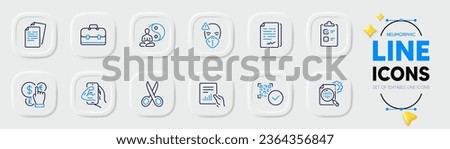Fitness, Seo stats and Documents line icons for web app. Pack of Document, Qr code, Checklist pictogram icons. Medical mask, Document signature, Money currency signs. Cut, Yoga, Portfolio. Vector