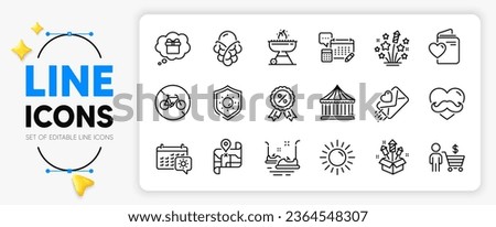 Map, Ice cream and Buyer line icons set for app include Fireworks stars, Account, Father day outline thin icon. Carousels, Bicycle prohibited, Fireworks rocket pictogram icon. Vector