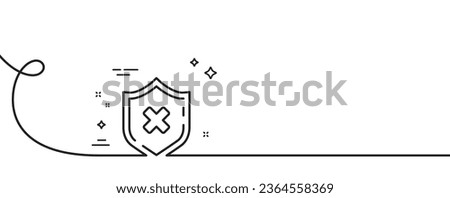 Reject protection line icon. Continuous one line with curl. Decline shield sign. No security. Reject protection single outline ribbon. Loop curve pattern. Vector