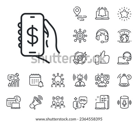 Hand hold phone sign. Place location, technology and smart speaker outline icons. Money app line icon. Cellphone with screen notification symbol. Money app line sign. Vector