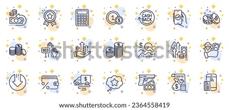 Outline set of Loyalty award, Check investment and Currency line icons for web app. Include Bitcoin, Bid offer, Cash transit pictogram icons. Contactless payment, Cashback, Accounting signs. Vector