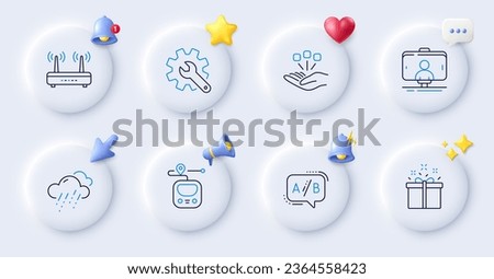 Wifi, Ab testing and Selfie stick line icons. Buttons with 3d bell, chat speech, cursor. Pack of Metro, Consolidation, Special offer icon. Customisation, Rainy weather pictogram. Vector