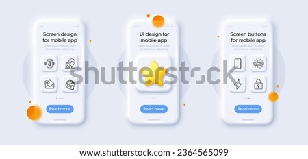 Lock, Gas station and Voice assistant line icons pack. 3d phone mockups with star. Glass smartphone screen. Energy, Phone, Recruitment web icon. Receive mail, Internet notification pictogram. Vector