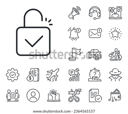 Padlock approved sign. Salaryman, gender equality and alert bell outline icons. Lock line icon. Security access symbol. Lock line sign. Spy or profile placeholder icon. Online support, strike. Vector
