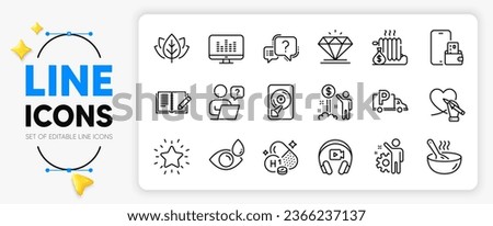 Online question, Truck parking and Diamond line icons set for app include Vitamin h1, Income money, Music making outline thin icon. Cook, Organic tested, Radiator pictogram icon. Hdd. Vector