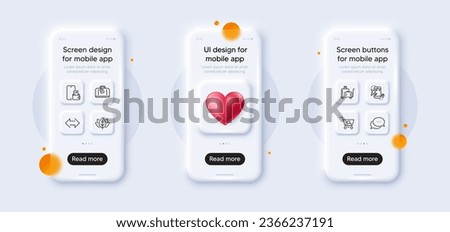 Hand baggage, Luggage trolley and Flight destination line icons pack. 3d phone mockups with heart. Glass smartphone screen. Dots message, Phone wallet, Internet shopping web icon. Vector