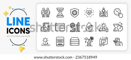 Architectural plan, Alcohol addiction and Dermatologically tested line icons set for app include Coronavirus, Time, Hourglass timer outline thin icon. Heartbeat, Sun protection. Vector