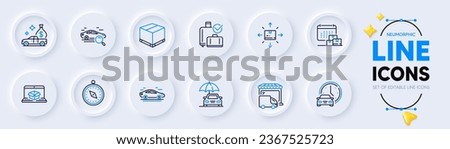 Travel compass, Book car and Cash transit line icons for web app. Pack of Search car, Baggage reclaim, Delivery truck pictogram icons. Online delivery, Cardboard box signs. Trip destination. Vector