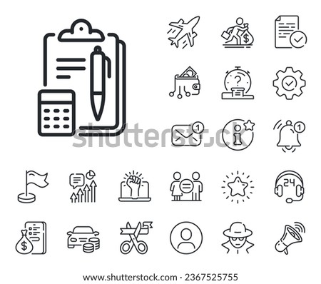 Clipboard document sign. Salaryman, gender equality and alert bell outline icons. Accounting line icon. Calculate budget symbol. Accounting line sign. Spy or profile placeholder icon. Vector