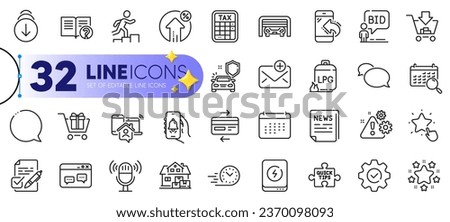 Outline set of Messenger, Speech bubble and Execute line icons for web with Home moving, Credit card, Shopping thin icon. Auction, Loan percent, Quick tips pictogram icon. Voting ballot. Vector