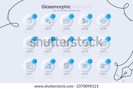 Set of Dishwasher timer, Cloud server and Loan percent line icons for web app. Card, Seo timer, Touchscreen gesture icons. Home facility, Vip mail, Alarm signs. Smartphone recovery. Vector