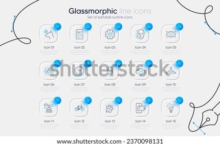 Set of Smile, Cogwheel and Ice cream line icons for web app. Comments, Biometric eye, Face declined icons. Recruitment, Slow fashion, Bicycle signs. Phone pay, Veterinary clinic, Yoga. Vector