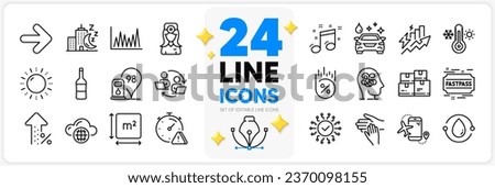 Icons set of Wine, Loan percent and Teamwork process line icons pack for app with Flights application, Anxiety, Petrol station thin outline icon. Night city, Consumption growth, Next pictogram. Vector