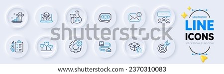 Meeting, Tracking parcel and Hold box line icons for web app. Pack of Loyalty points, Winner, Love heart pictogram icons. Chemistry flask, Cogwheel, New message signs. Fraud, Target, Diet menu. Vector