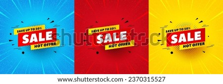 Sale 50 percent off banner. Sunburst offer banner, flyer or poster. Discount sticker shape. Hot offer icon. Sale 50 percent promo event banner. Starburst pop art coupon. Special deal. Vector