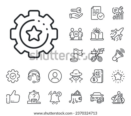 Cogwheel with star sign. Salaryman, gender equality and alert bell outline icons. Settings gear line icon. Working process symbol. Settings gear line sign. Spy or profile placeholder icon. Vector