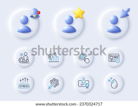 Coronavirus vaccine, Water drop and Euro rate line icons. Placeholder with 3d cursor, bell, star. Pack of Web timer, Cogwheel settings, Inspect icon. Certificate, Stress grows pictogram. Vector