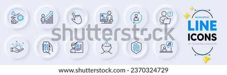 Employee result, Teacher and Wash hand line icons for web app. Pack of Music, Online question, Sunny weather pictogram icons. Mental health, Person info, Job interview signs. Fingerprint. Vector