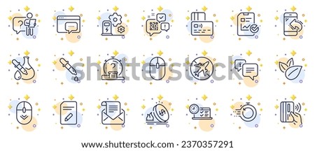 Outline set of Search employee, Charging station and Chemistry pipette line icons for web app. Include Contactless payment, Mail newsletter, Computer mouse pictogram icons. Info. Vector