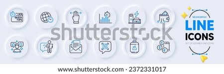 Qr code, Gas cylinder and Currency rate line icons for web app. Pack of Search employee, Charging station, Quick tips pictogram icons. Digital wallet, Multitasking gesture, Time zone signs. Vector