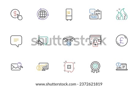 Refrigerator, Reject and Search mail line icons for website, printing. Collection of Megaphone, Bitcoin chart, Fire energy icons. Insurance medal, Text message, Globe web elements. Vector