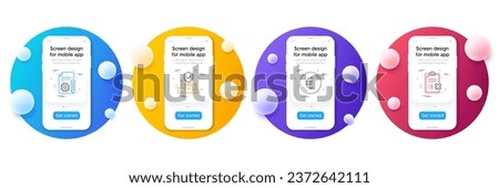 Minimal set of Documentation, Euro money and Security agency line icons for web development. Phone ui interface mockup with balls. Reject checklist icons. Project, Currency, Cyber protection. Vector