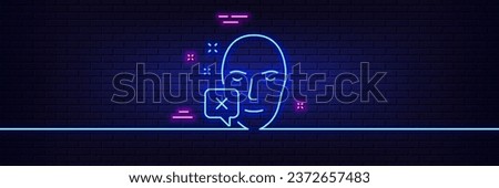 Neon light glow effect. Face declined line icon. Human profile sign. Facial identification error symbol. 3d line neon glow icon. Brick wall banner. Face declined outline. Vector