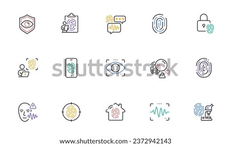 Biometric line icons. Fingerprint access, Eye biometric and Voice recognition. Detect identity, Check finger access and Scan eye or voice icons. Identify user by fingerprint, secure id. Vector