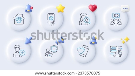 Food delivery, Pet shelter and Add person line icons. Buttons with 3d bell, chat speech, cursor. Pack of Auction, Shield, Augmented reality icon. Moisturizing cream, Heart pictogram. Vector