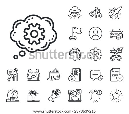 Engineering tool sign. Salaryman, gender equality and alert bell outline icons. Cogwheel chat line icon. Cog gear symbol. Cogwheel line sign. Spy or profile placeholder icon. Vector