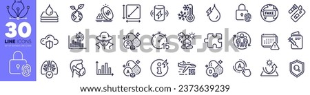 Fingerprint lock, Hydroelectricity and Ab testing line icons pack. Charge battery, Puzzle, Power info web icon. Square area, Inspect, Qr code pictogram. Medical mask, Fraud, Notification. Vector
