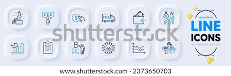 Bitcoin project, Diagram chart and Payment line icons for web app. Pack of Employee benefits, Salary, Clipboard pictogram icons. Bid offer, Cyber attack, Innovation signs. Growth chart. Vector