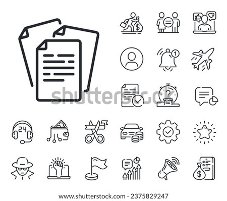 Doc file page sign. Salaryman, gender equality and alert bell outline icons. Documents line icon. Office note symbol. Documents line sign. Spy or profile placeholder icon. Vector