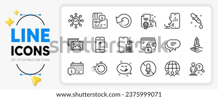 Calendar, No microphone and Fast recovery line icons set for app include Global business, Crowdfunding, Voicemail outline thin icon. Swipe up, Card, Search employee pictogram icon. Vector