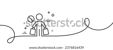 Stop shopping line icon. Continuous one line with curl. No panic buying sign. Man with shopping bags symbol. Stop shopping single outline ribbon. Loop curve pattern. Vector