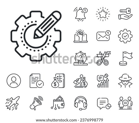 Cogwheel with star sign. Salaryman, gender equality and alert bell outline icons. Settings gear line icon. Edit working process symbol. Settings gear line sign. Vector