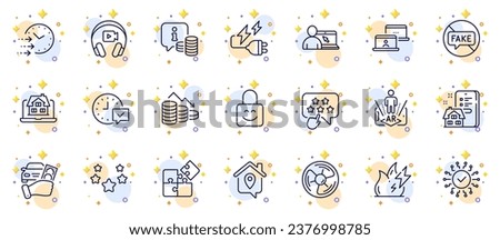 Outline set of Stars, Fake news and Select alarm line icons for web app. Include Security network, Info, Property agency pictogram icons. Electricity plug, Rent car, Online education signs. Vector