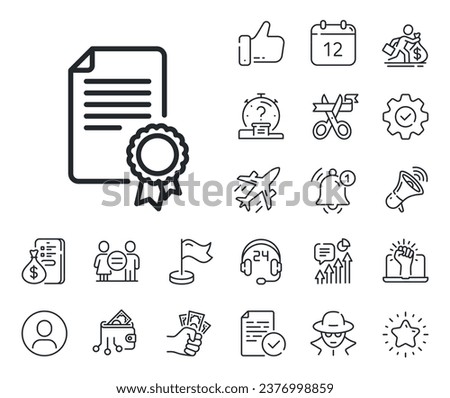 Diploma achievement symbol. Salaryman, gender equality and alert bell outline icons. Certificate Medal line icon. Document with approved badge sign. Certificate line sign. Vector