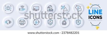Charging station, Currency exchange and Green electricity line icons for web app. Pack of Qr code, Shield, Piggy bank pictogram icons. Print image, Waterproof, Report statistics signs. Vector