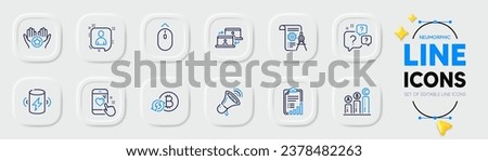 Outsource work, Favorite and Refresh bitcoin line icons for web app. Pack of Megaphone, Swipe up, Developers chat pictogram icons. Charge battery, Heart rating, Graph chart signs. Vector