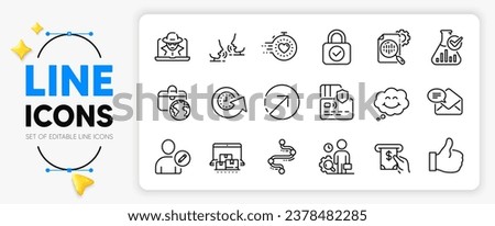 Card, Update time and Seo stats line icons set for app include Like, Atm service, Security lock outline thin icon. Fraud, Edit user, Talk pictogram icon. Timeline, Direction, Smile. Vector