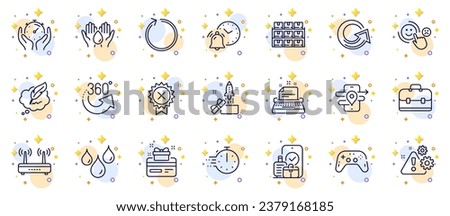 Outline set of Safe water, Loyalty card and Boxes shelf line icons for web app. Include Gps, 360 degrees, Reject medal pictogram icons. Customer satisfaction, Gamepad, Alarm clock signs. Vector