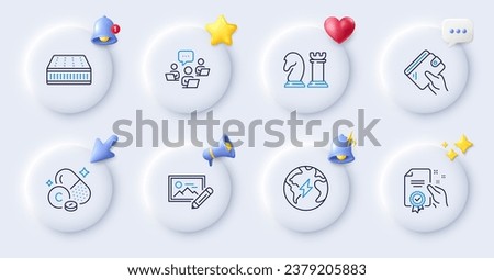 Vitamin c, Wallet and Teamwork line icons. Buttons with 3d bell, chat speech, cursor. Pack of Electricity, Chess, Mattress icon. Photo edit, Certificate pictogram. For web app, printing. Vector