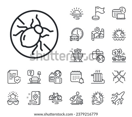 Hypoallergenic sign. Plane jet, travel map and baggage claim outline icons. Mattress bed bugs line icon. Anti-allergic symbol. Bed bugs line sign. Car rental, taxi transport icon. Vector