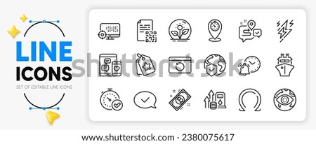 Loyalty tags, World insurance and Timer line icons set for app include Journey, Ship, Social media outline thin icon. Bitcoin, Qr code, Incubator pictogram icon. Lightning bolt. Vector