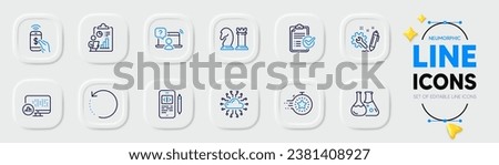 Recovery data, Report and Chemistry lab line icons for web app. Pack of Phone payment, Engineering, Survey checklist pictogram icons. Phone code, Online question, Timer signs. Vector