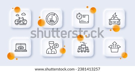 Online delivery, Cardboard box and Car charging line icons pack. 3d glass buttons with blurred circles. Boxes pallet, Send box, 48 hours web icon. Valet servant, Bike pictogram. Vector