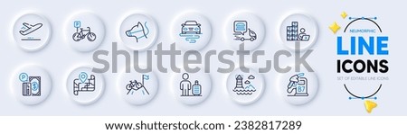Diesel station, Parking payment and Bicycle parking line icons for web app. Pack of Baggage, Plane, Food delivery pictogram icons. Map, Route, Lighthouse signs. Inventory, Dog leash. Vector