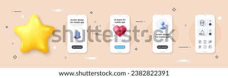Food delivery, Mineral oil and Face biometrics line icons pack. Phone screen mockup with 3d bell, star and placeholder. Like app, Selfie stick, Approved award web icon. Vector