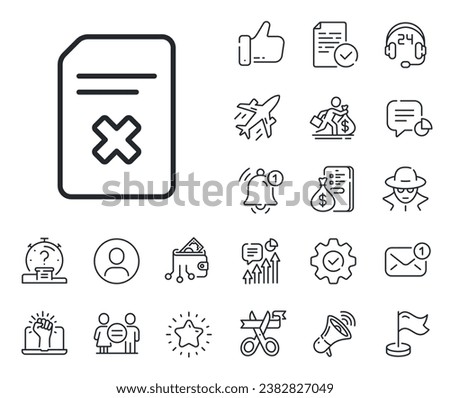 Delete Information File sign. Salaryman, gender equality and alert bell outline icons. Remove Document line icon. Paper page concept symbol. Delete file line sign. Vector